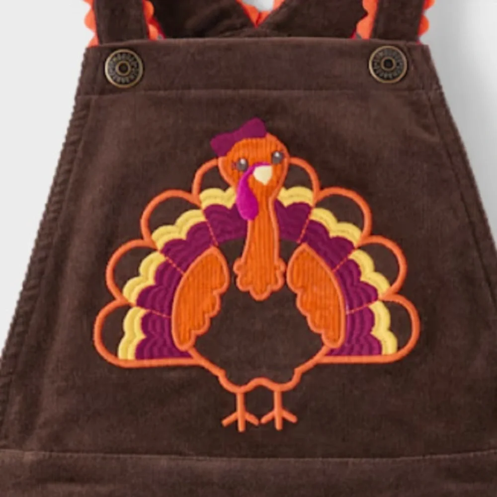 Gymboree Girls Embroidered Turkey Ruffle Corduroy Skirtall Brown Dress Size 8